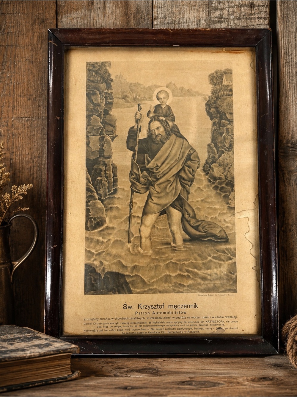 Rare Antique St Christopher Patron of Motorists Framed Religious Print 19x13